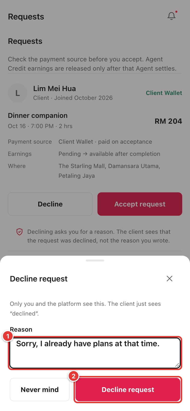 The Decline request sheet with a reason typed in