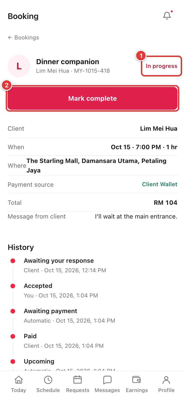The booking detail showing In progress and the Mark complete button