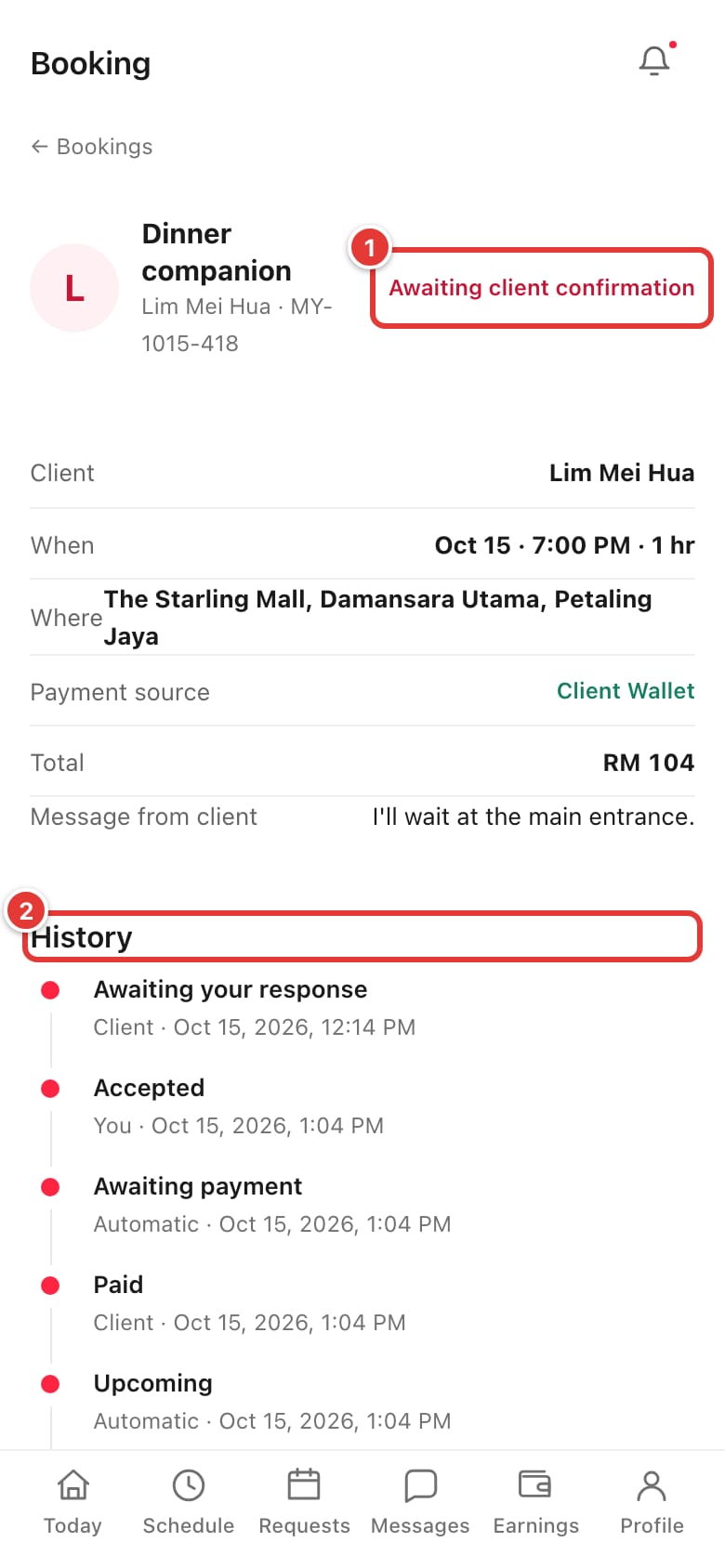 The booking detail showing Awaiting client confirmation and the History timeline