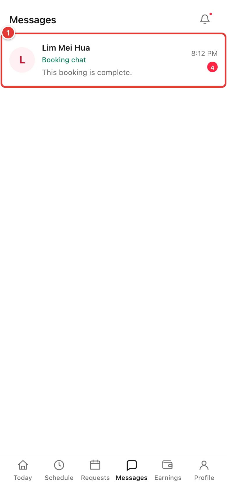 The Messages list with a booking chat