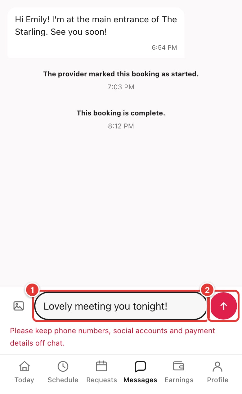 A chat thread with a reply typed in the message box and the send button