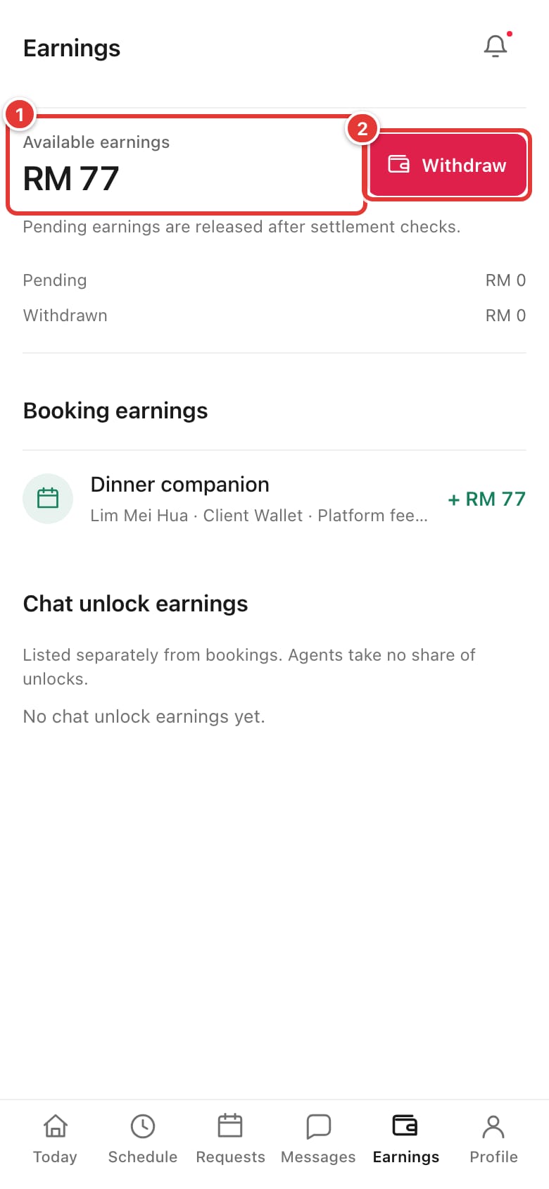 The Earnings page with Available earnings and the Withdraw button