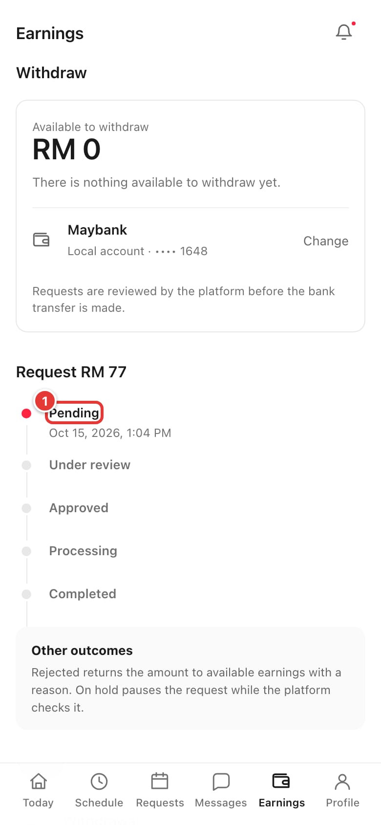A withdrawal request in the History timeline showing Pending