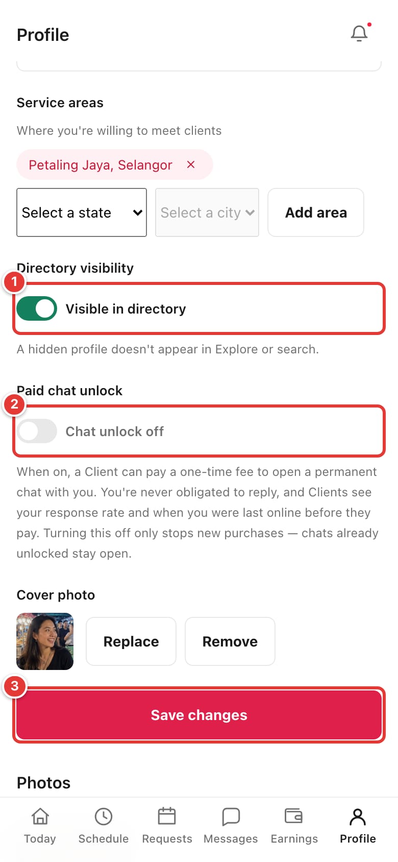 The Directory visibility and Paid chat unlock switches and the Save changes button