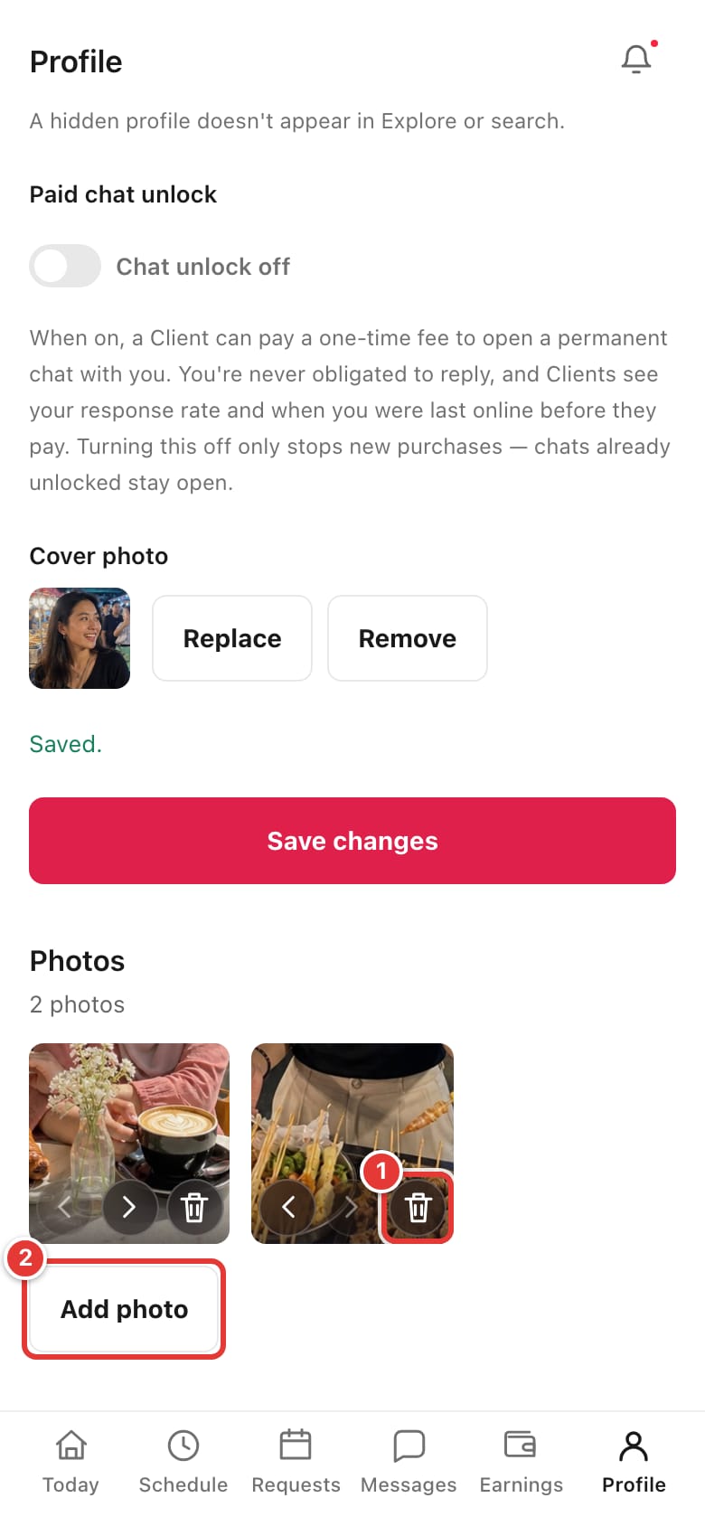 The Photos section with two photos, a photo's delete button, and the Add photo button