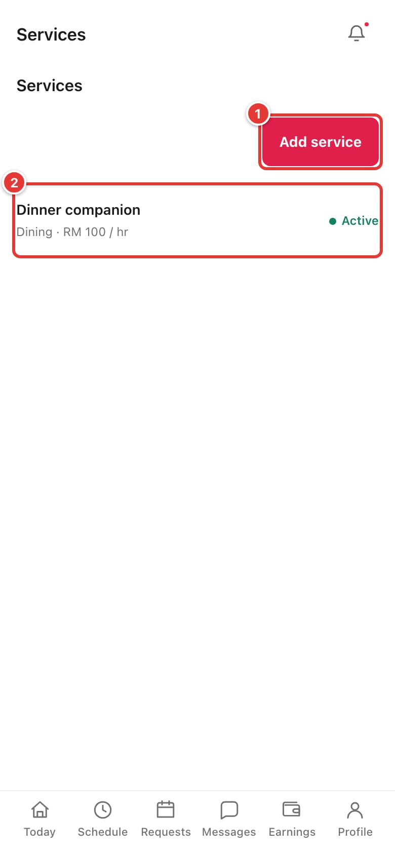The Services list with the Add service button and an existing service