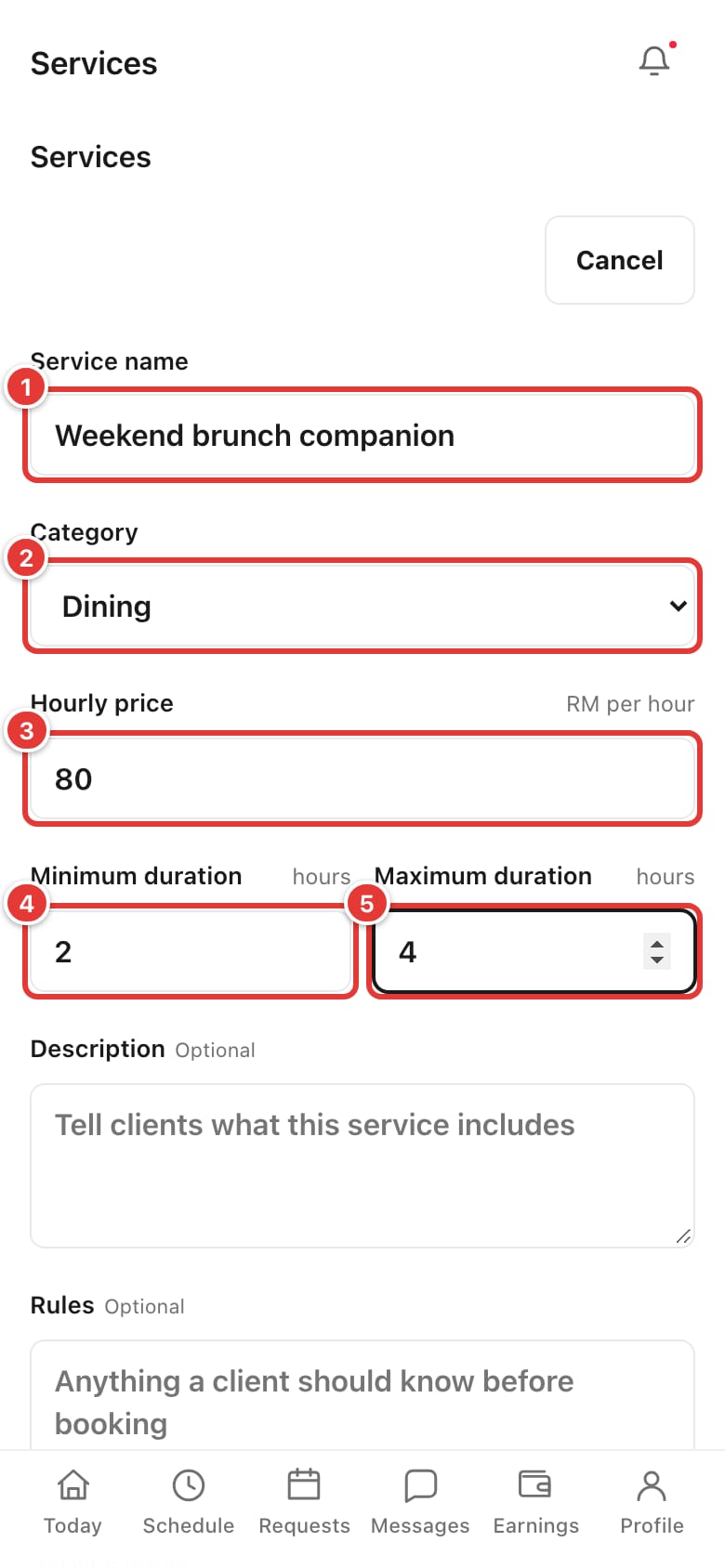 The new service form with name, category, price and durations filled in