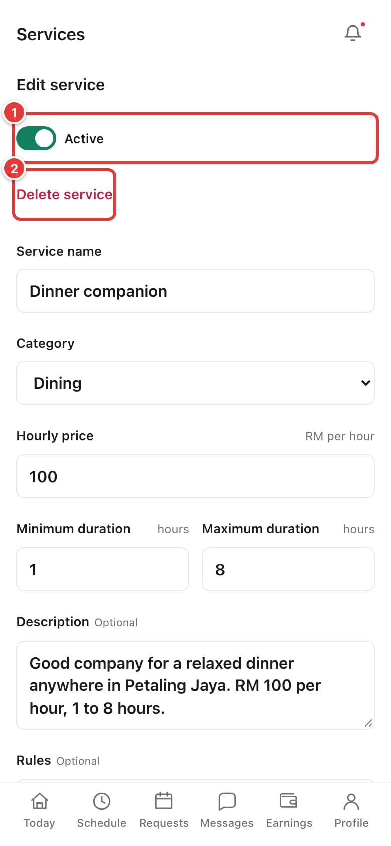The Edit service page with the Active switch and Delete service