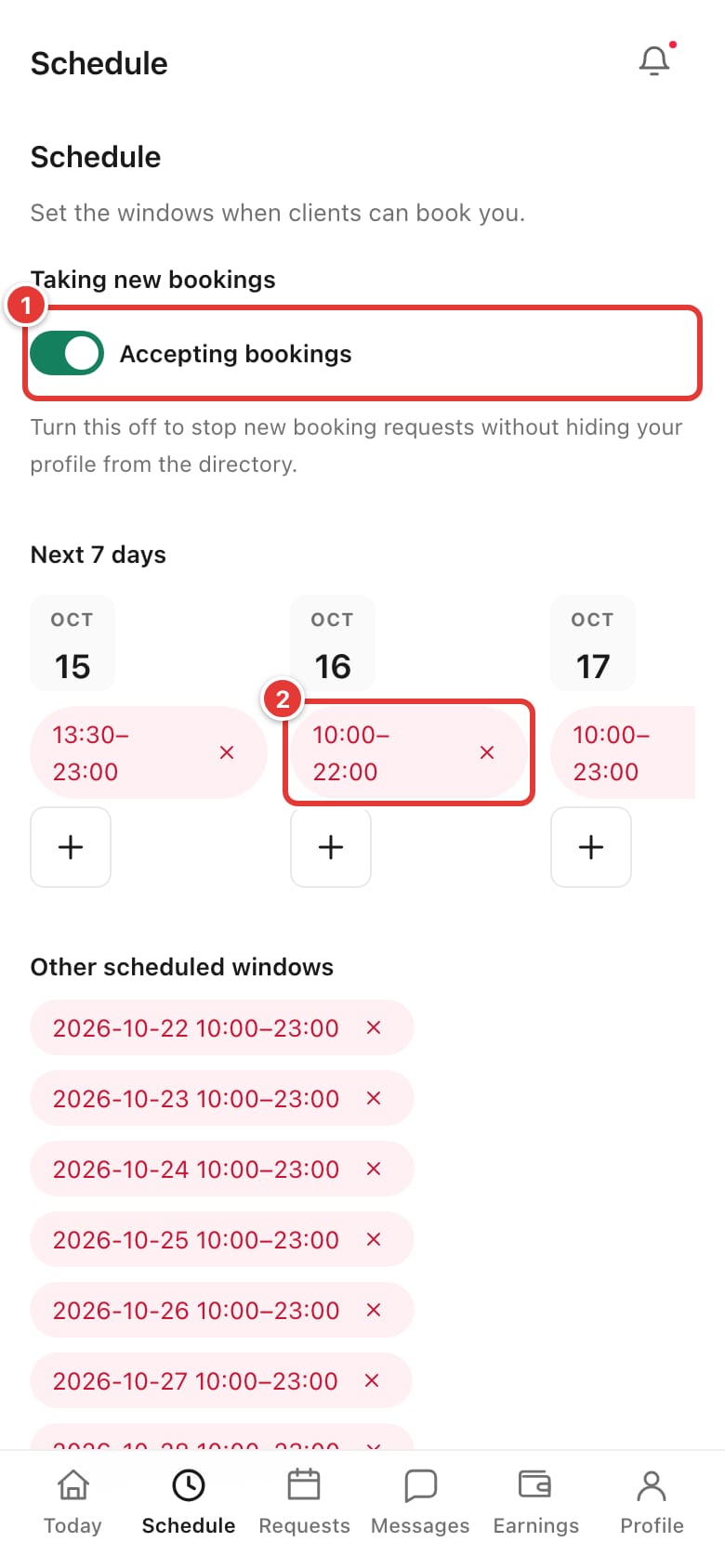 The Schedule page with the Accepting bookings switch and a new 10:00–22:00 window