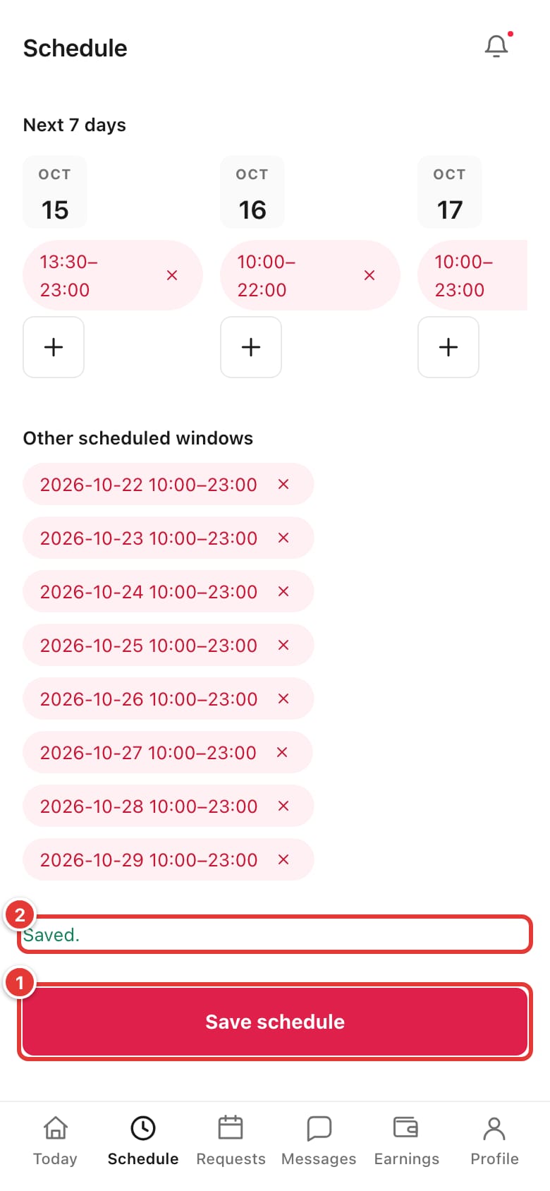 The Save schedule button and the Saved. confirmation