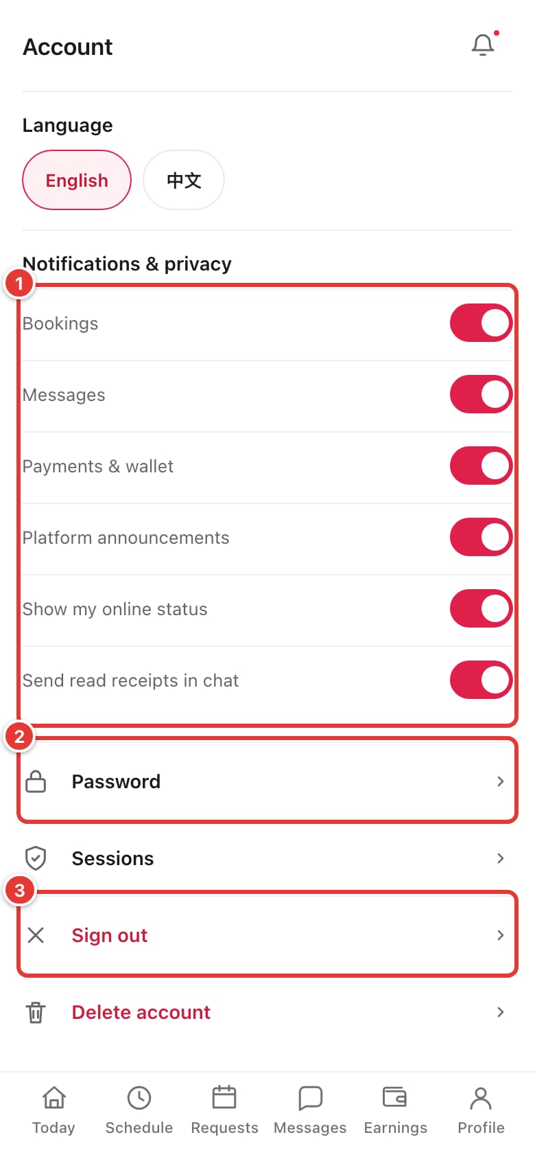 The Notifications & privacy switches, Password and Sign out