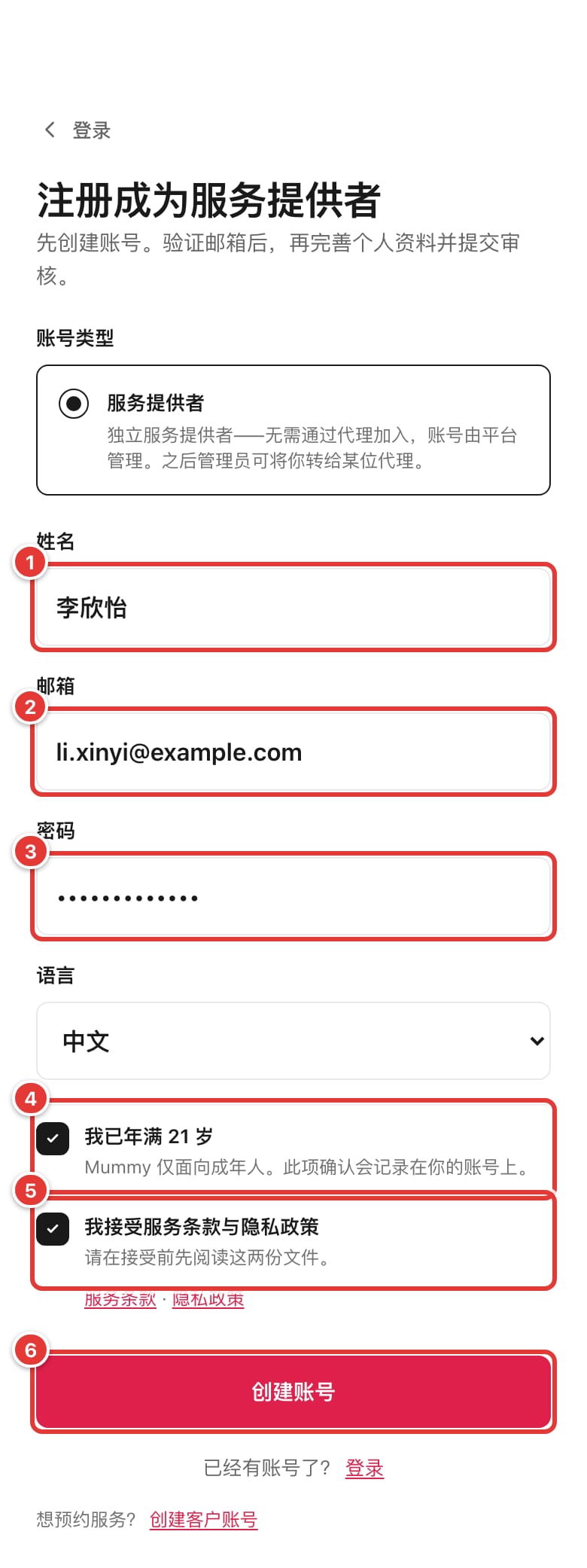 填好的“注册成为服务提供者”表格，两个勾选框都已勾选