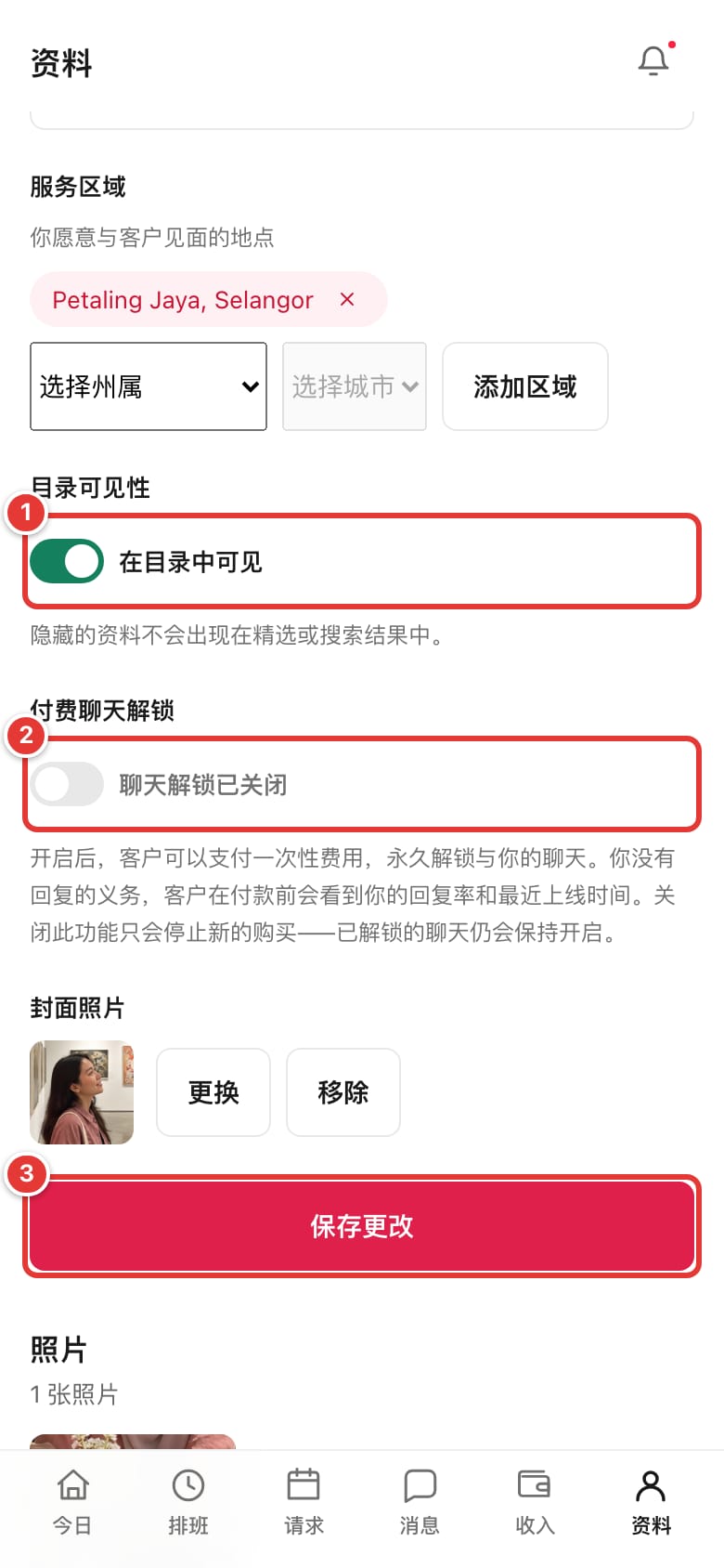 目录可见性、付费聊天解锁开关和“保存更改”按钮